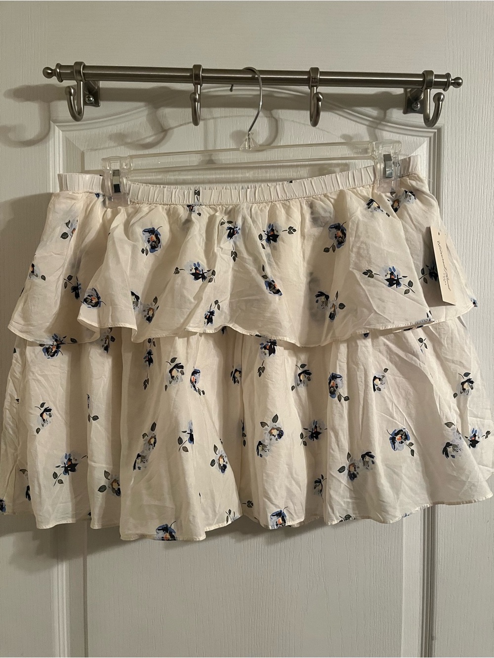 Universal Thread Cream Floral Tiered Skater Skirt with Blue Accents